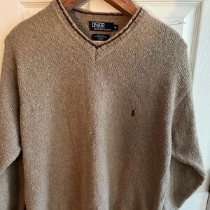 Ralph Lauren Men's V-Neck Sweater in Tan with Red Pony